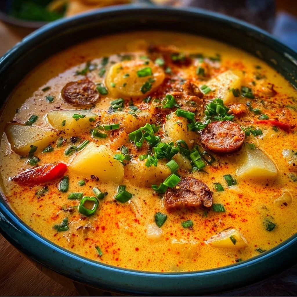 Bowl of spicy Cajun potato soup garnished with green onions and spices