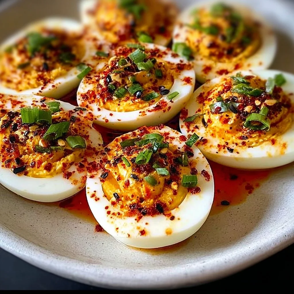Spicy Chili Garlic Deviled Eggs served on a platter