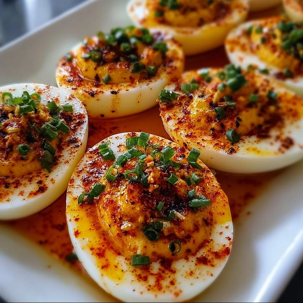 Chili Garlic Deviled Eggs garnished with chili flakes and herbs