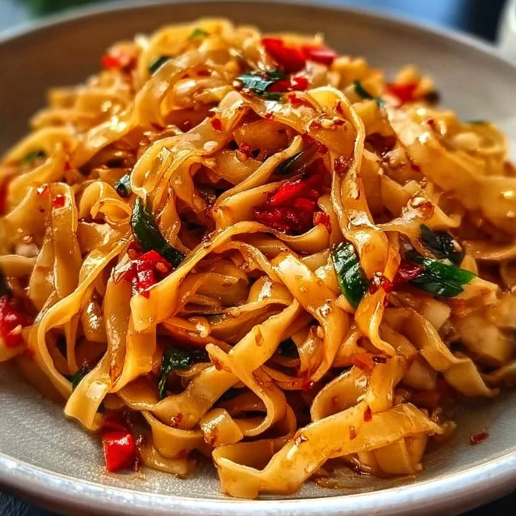 Plate of spicy garlic chilli noodles garnished with vegetables and herbs