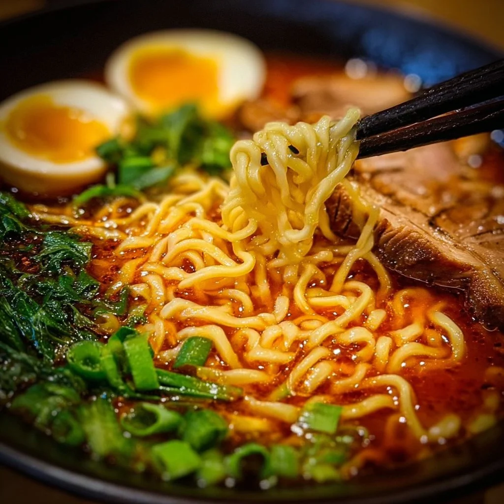 Delicious spicy ramen noodles served in a bowl with toppings.