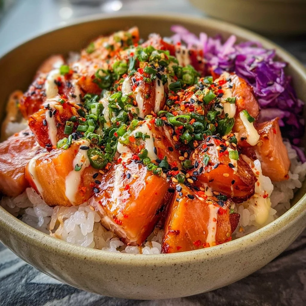 Spicy Salmon Bowl topped with fresh vegetables and drizzled with spicy sauce