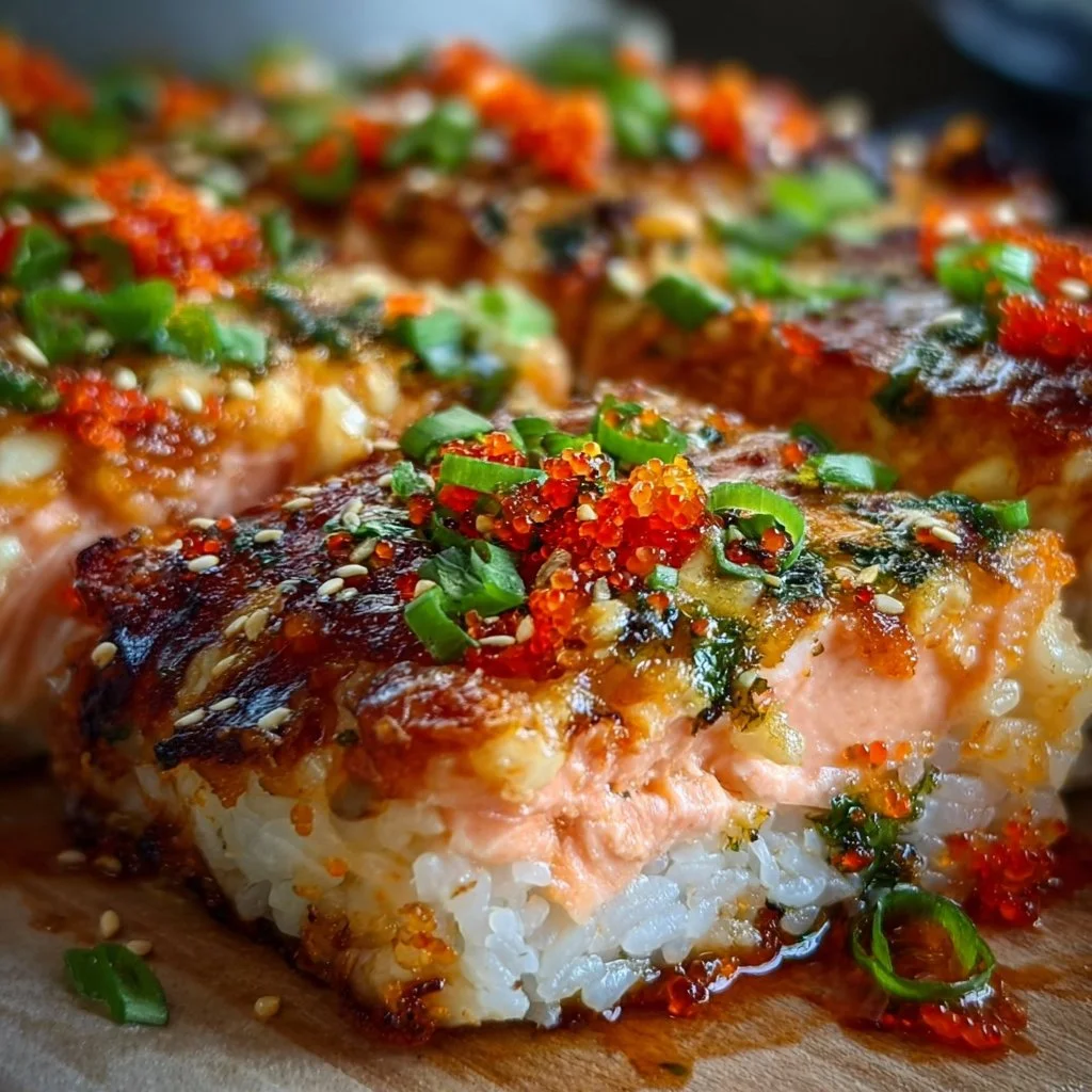 Delicious Spicy Salmon Sushi Bake served in a stylish dish with toppings