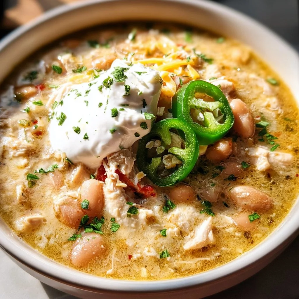 Bowl of spicy white chicken chili topped with fresh cilantro and lime
