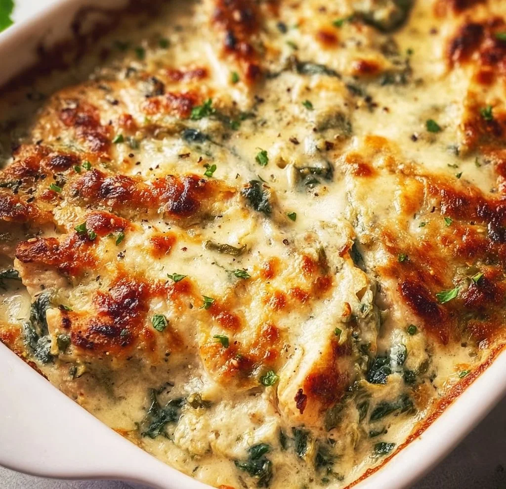Delicious Spinach Artichoke Dip Chicken served in a bowl