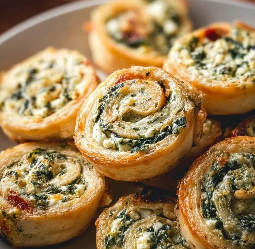 Bite-sized pinwheels filled with creamy spinach dip for a tasty appetizer.