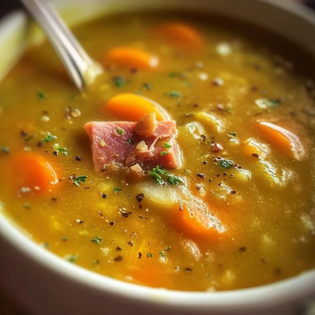 Bowl of delicious homemade Split Pea Soup garnished with herbs