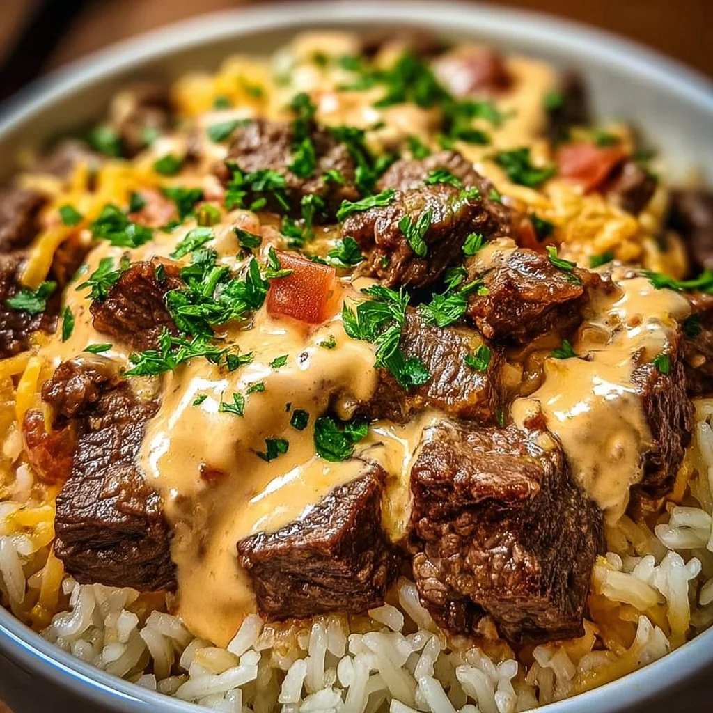 Delicious Steak Cheese Rice dish served in a bowl.