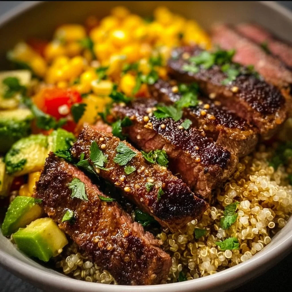Delicious Steak Quinoa Bowl garnished with fresh vegetables and herbs
