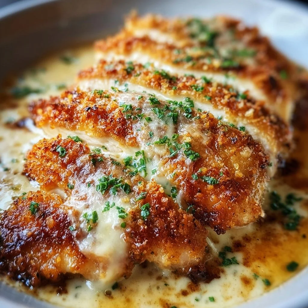 Delicious Steakhouse Parmesan Chicken topped with crispy parmesan crust.