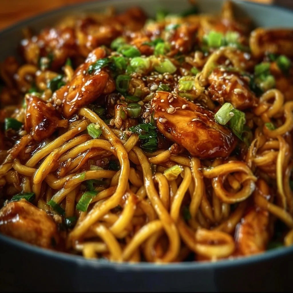 Sticky Garlic Chicken Noodles served in a bowl with vegetables