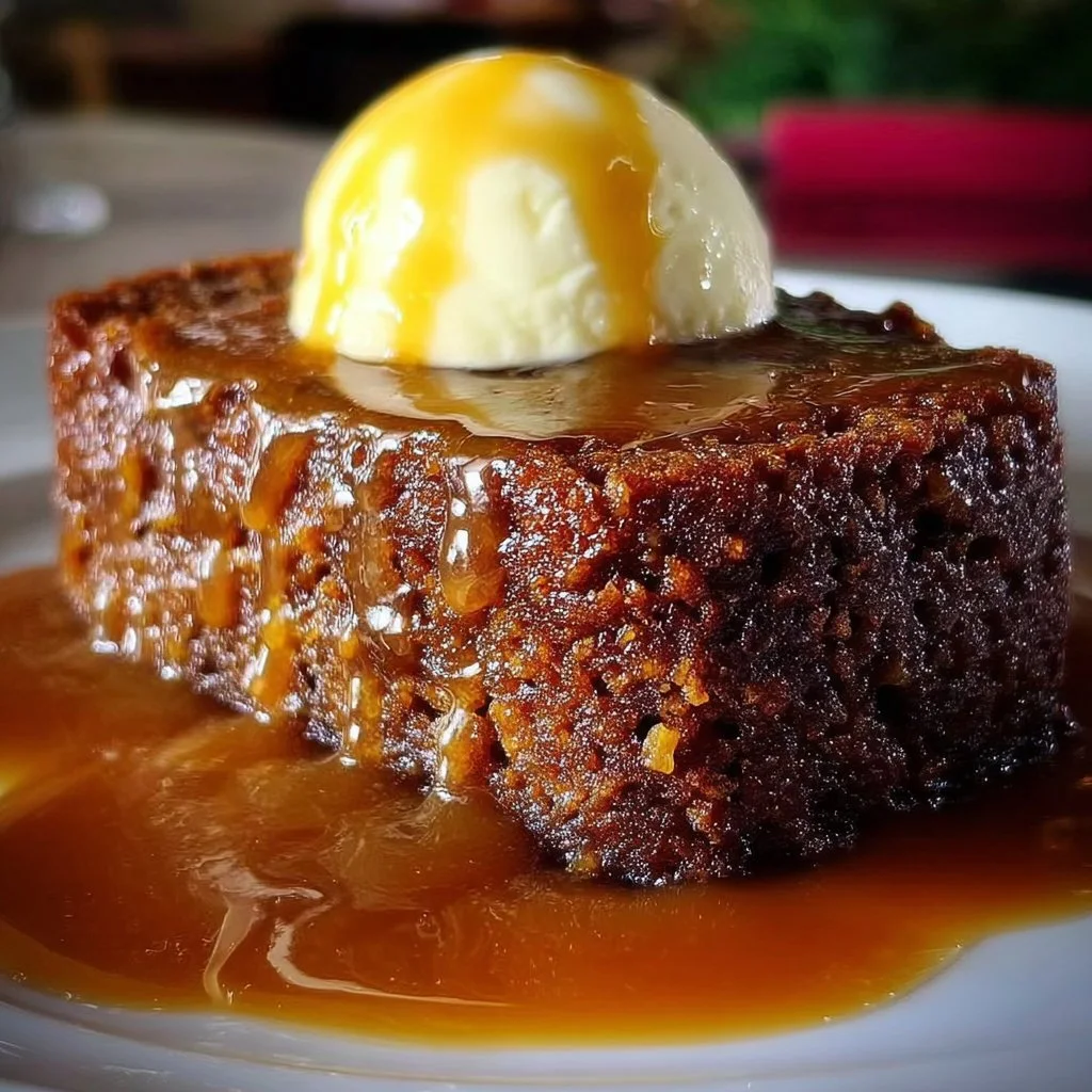 Delicious sticky toffee pudding topped with warm toffee sauce and served in a bowl
