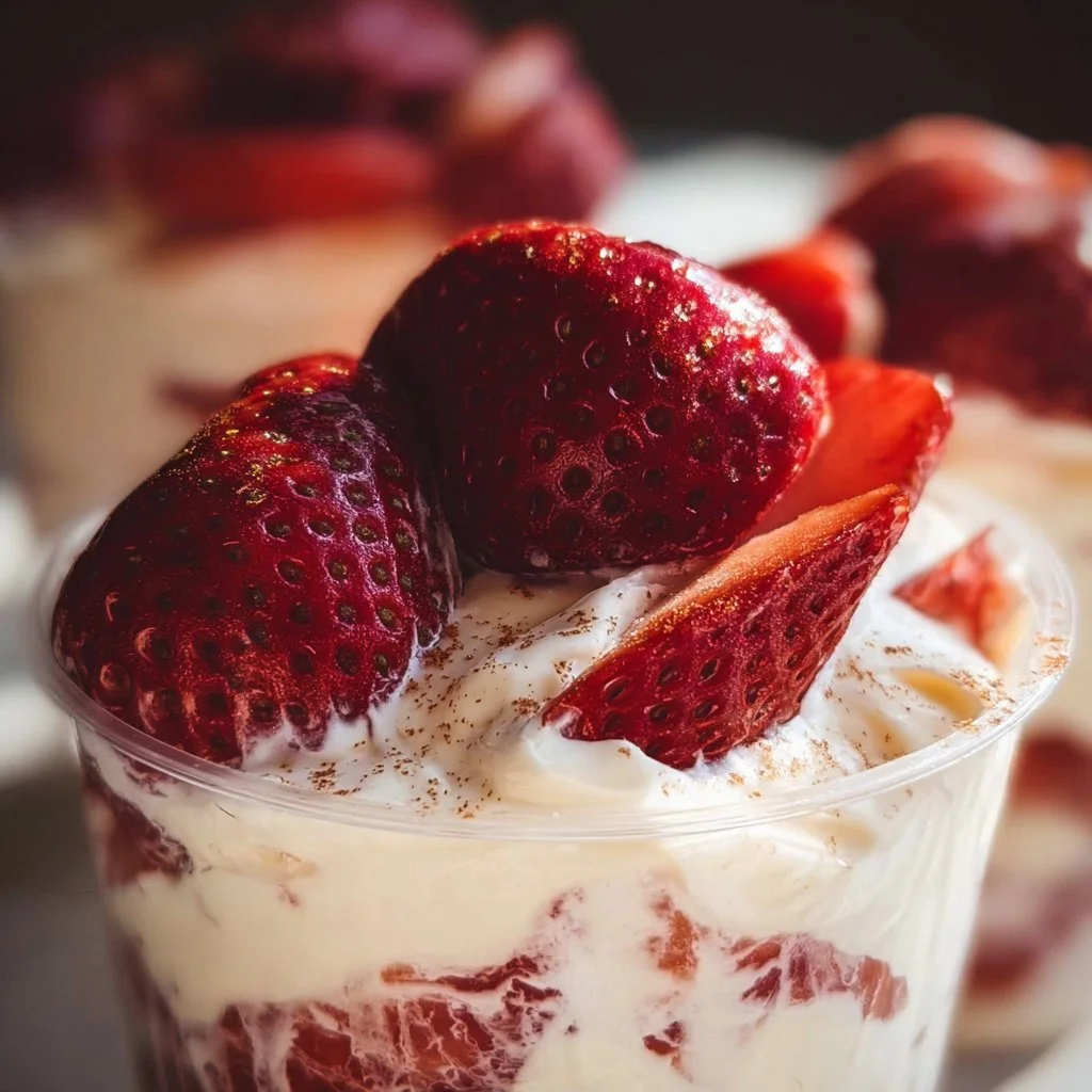 A bowl of fresh strawberries topped with creamy whipped cream
