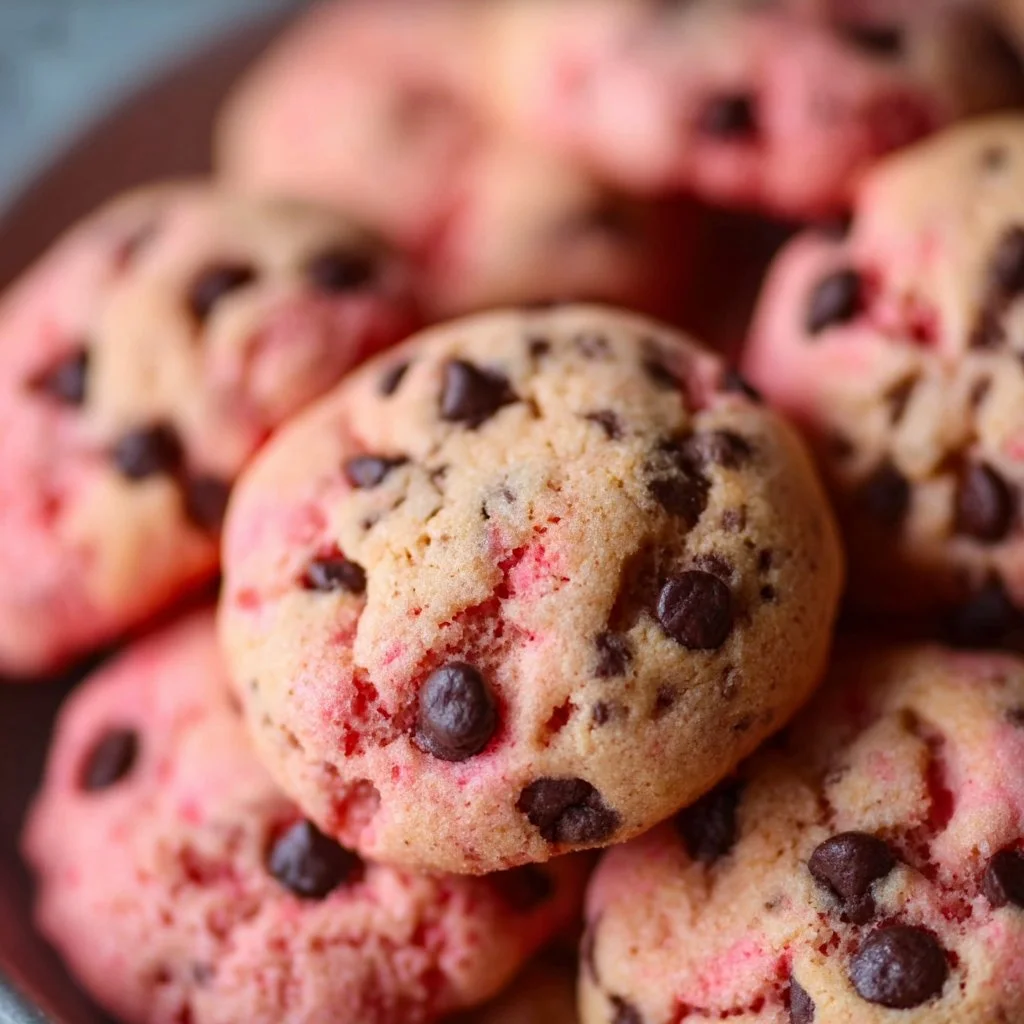 Strawberry cake cookies with chocolate chips on a plate