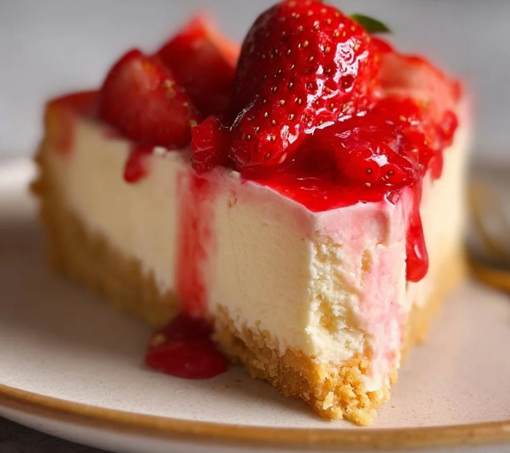 Delicious strawberry cheesecake topped with fresh strawberries and whipped cream