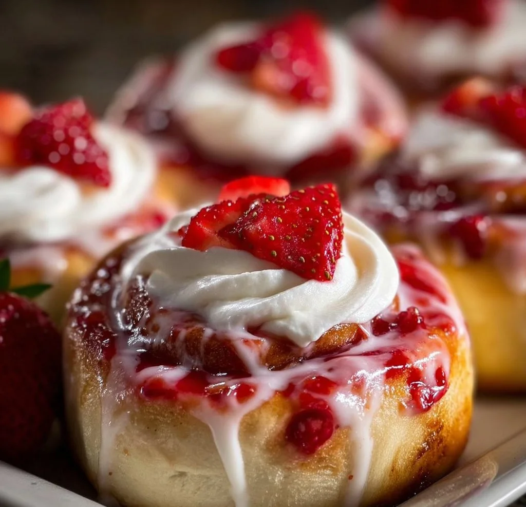 Freshly baked Strawberry Cheesecake Cinnabon Rolls drizzled with cream cheese frosting