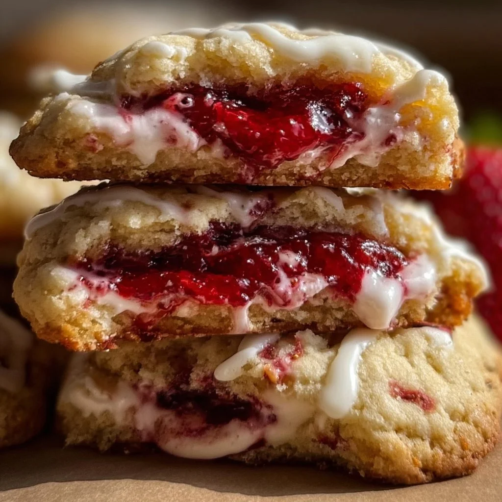 Freshly baked strawberry cheesecake cookies with a cream cheese topping