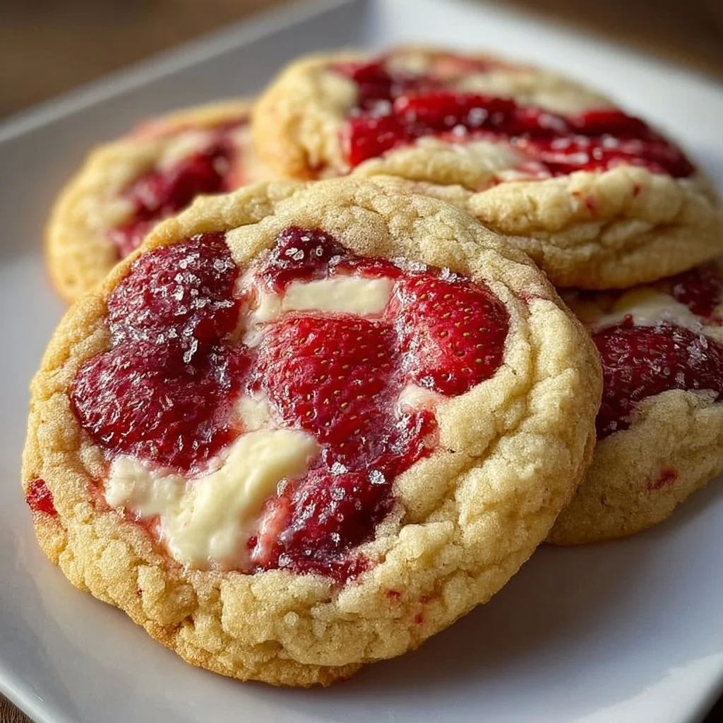 Delicious strawberry cheesecake cookies on a plate, topped with fresh strawberries.