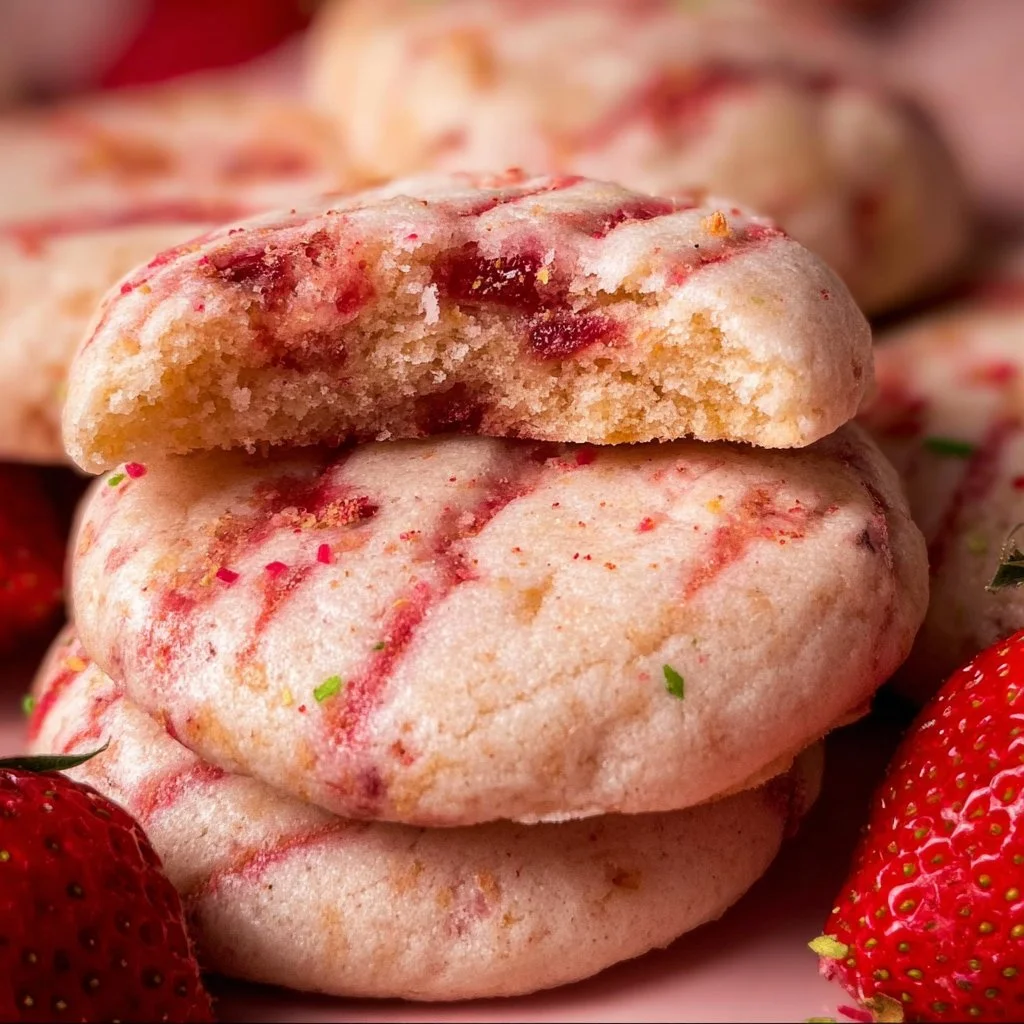 Strawberry cheesecake cookies topped with fresh strawberries and cream cheese frosting.