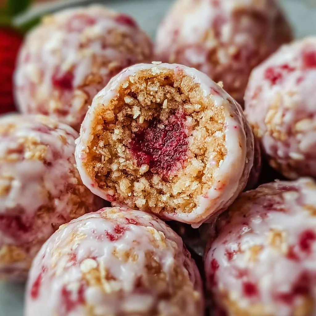 Delicious Strawberry Cheesecake Protein Balls on a plate ready to savor