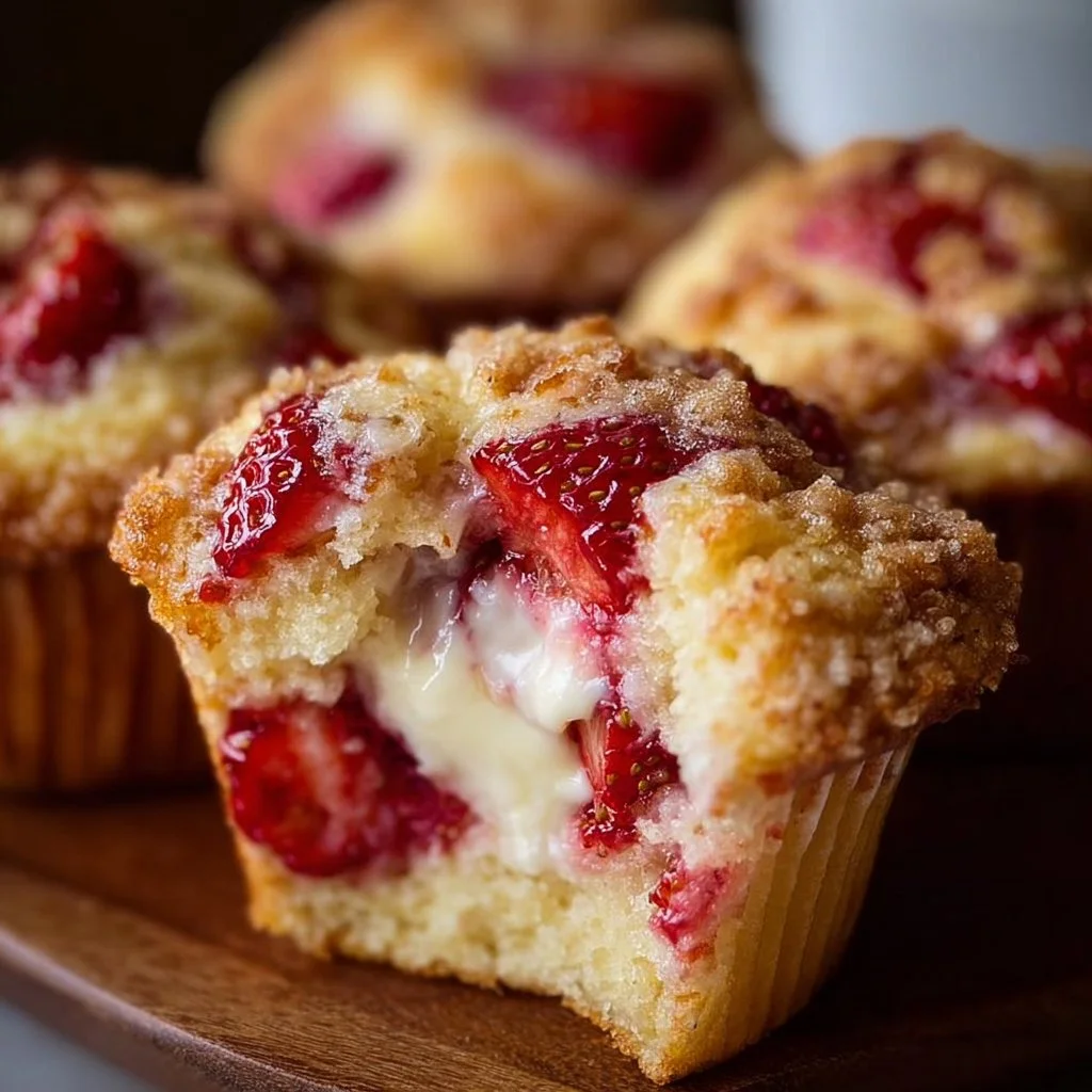 Freshly baked strawberry cream cheese muffins on a cooling rack.