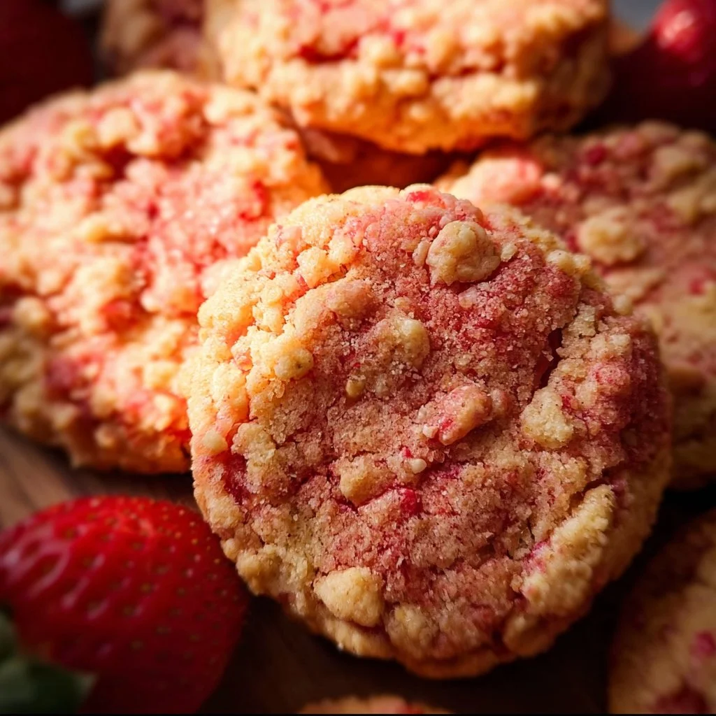 Delicious homemade strawberry crunch cookies with crunchy topping and vibrant color