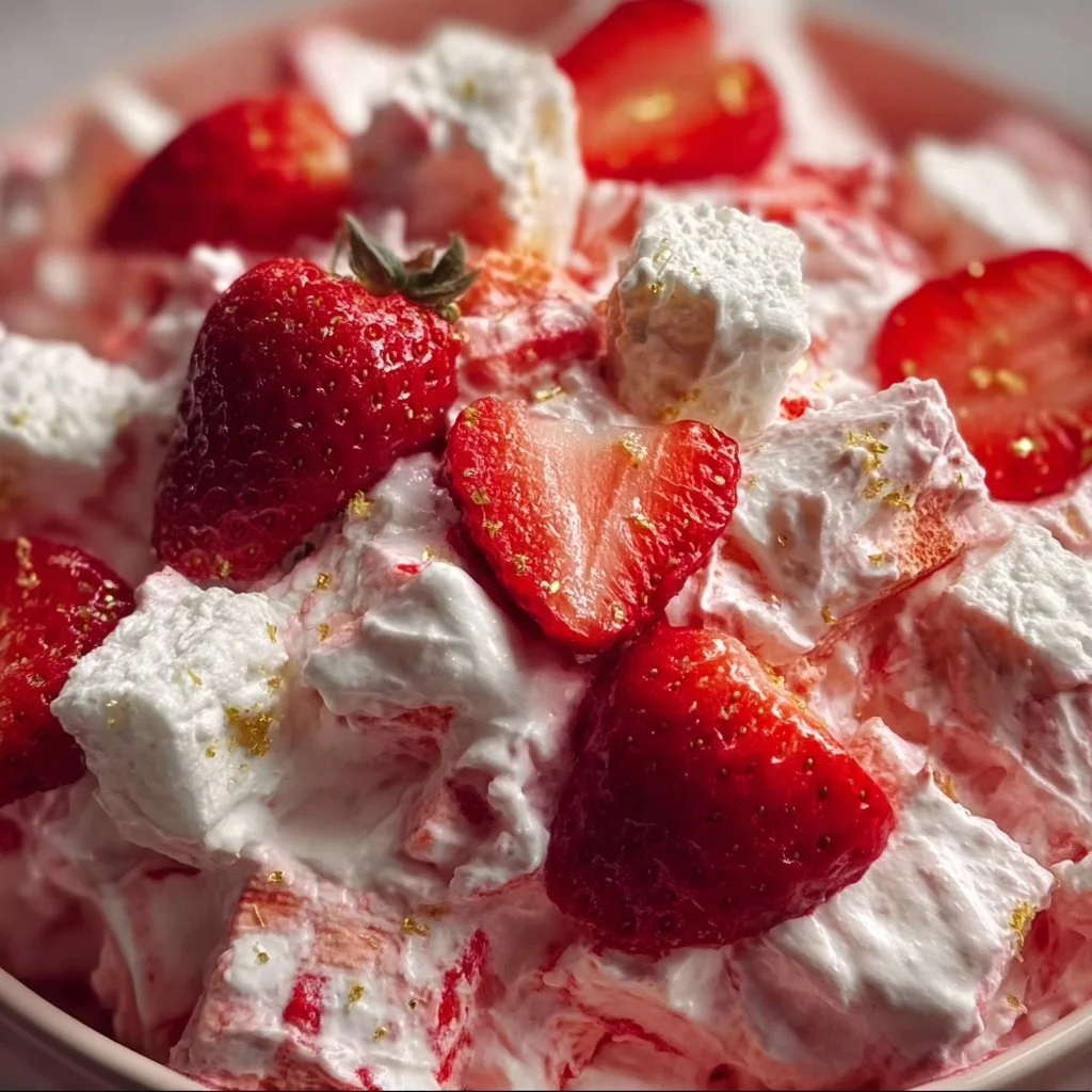 Delicious Strawberry Fluff Salad in a serving bowl, topped with fresh strawberries.