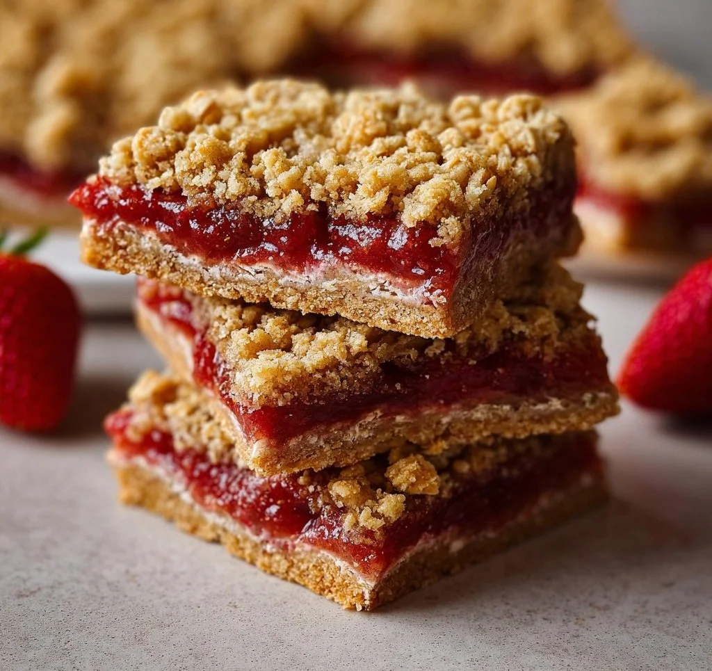 Strawberry oatmeal crumble bars served on a plate with fresh strawberries