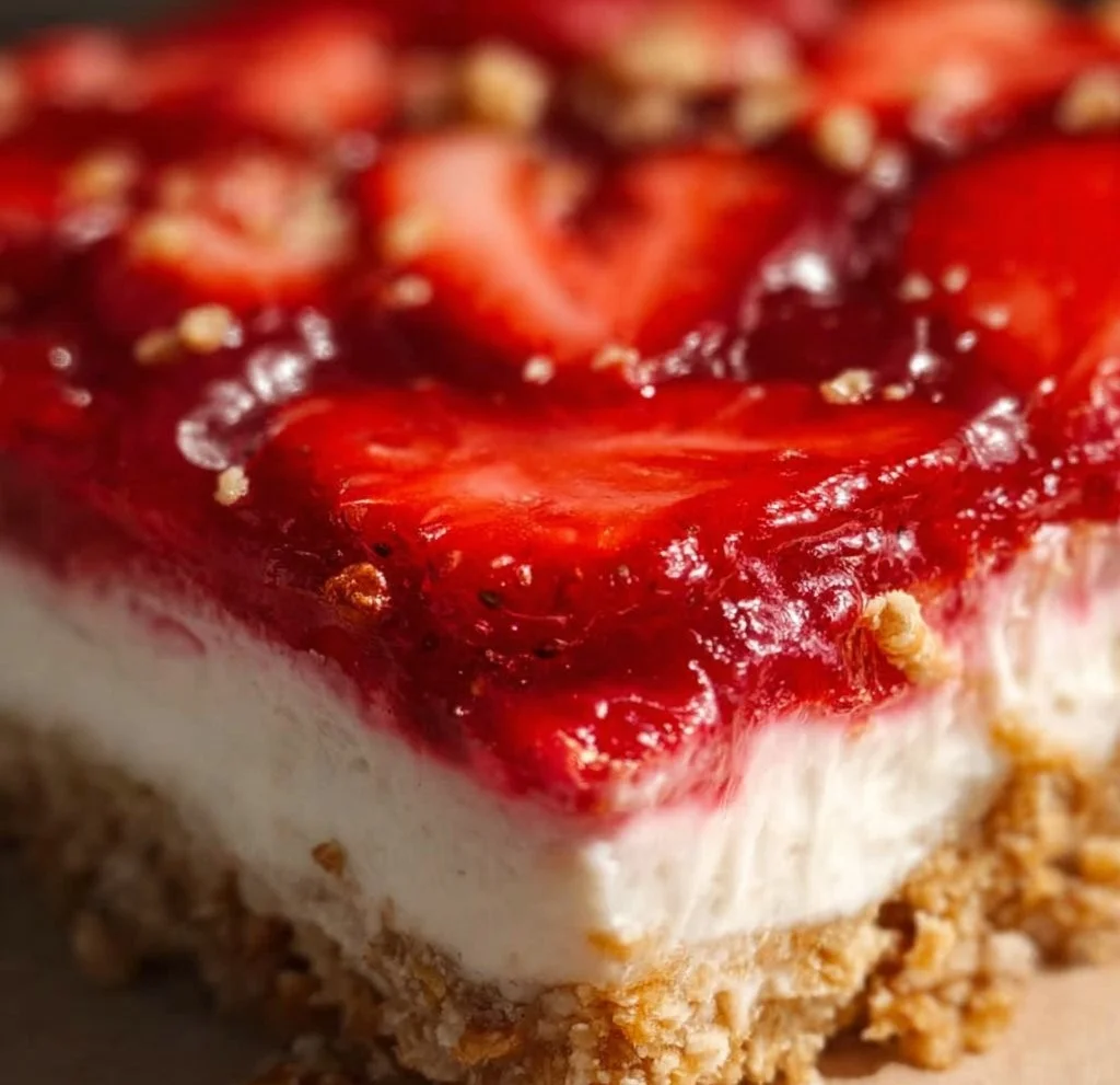 Delicious strawberry pretzel salad with layers of strawberries and creamy filling