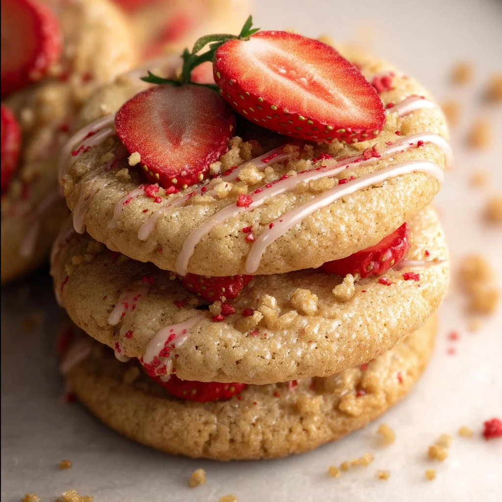 Delicious Strawberry Shortcake Cookies arranged on a plate with fresh strawberries