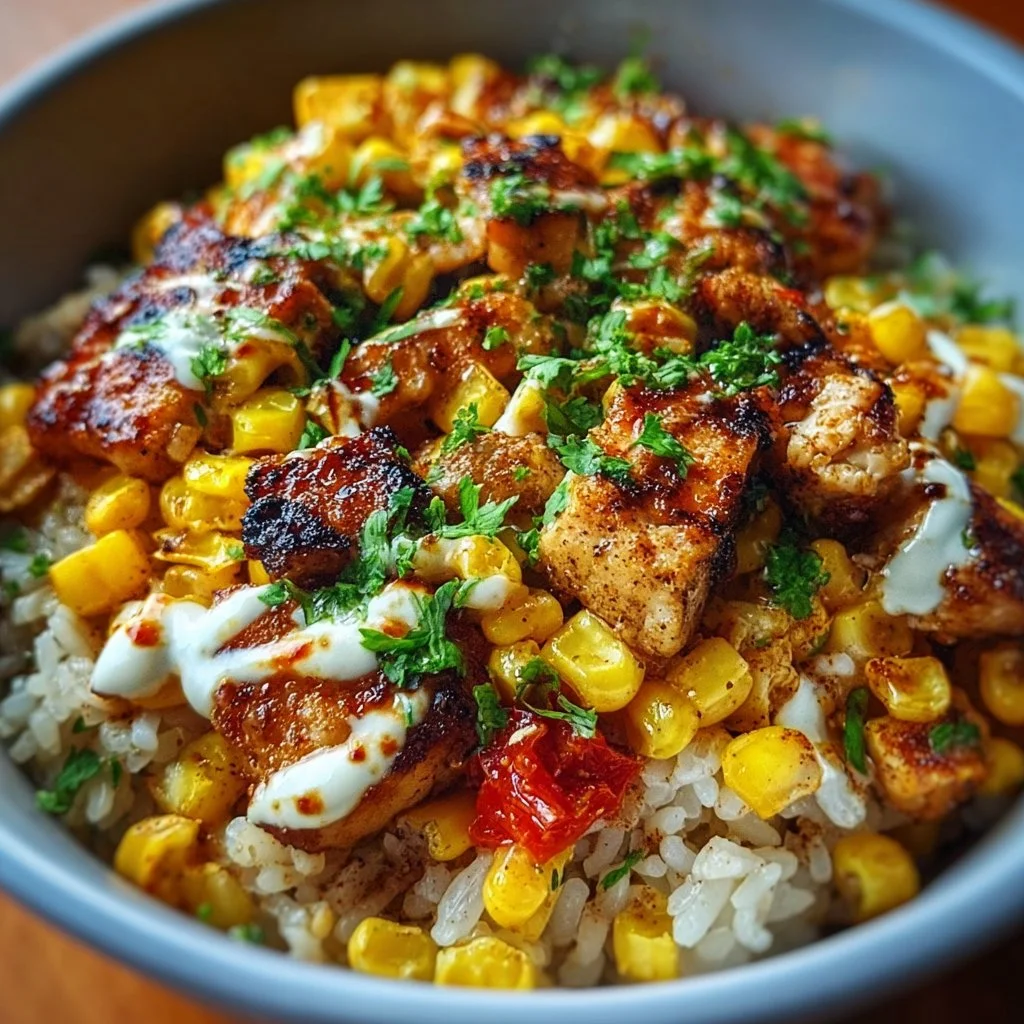 Delicious street corn chicken rice bowl topped with fresh ingredients