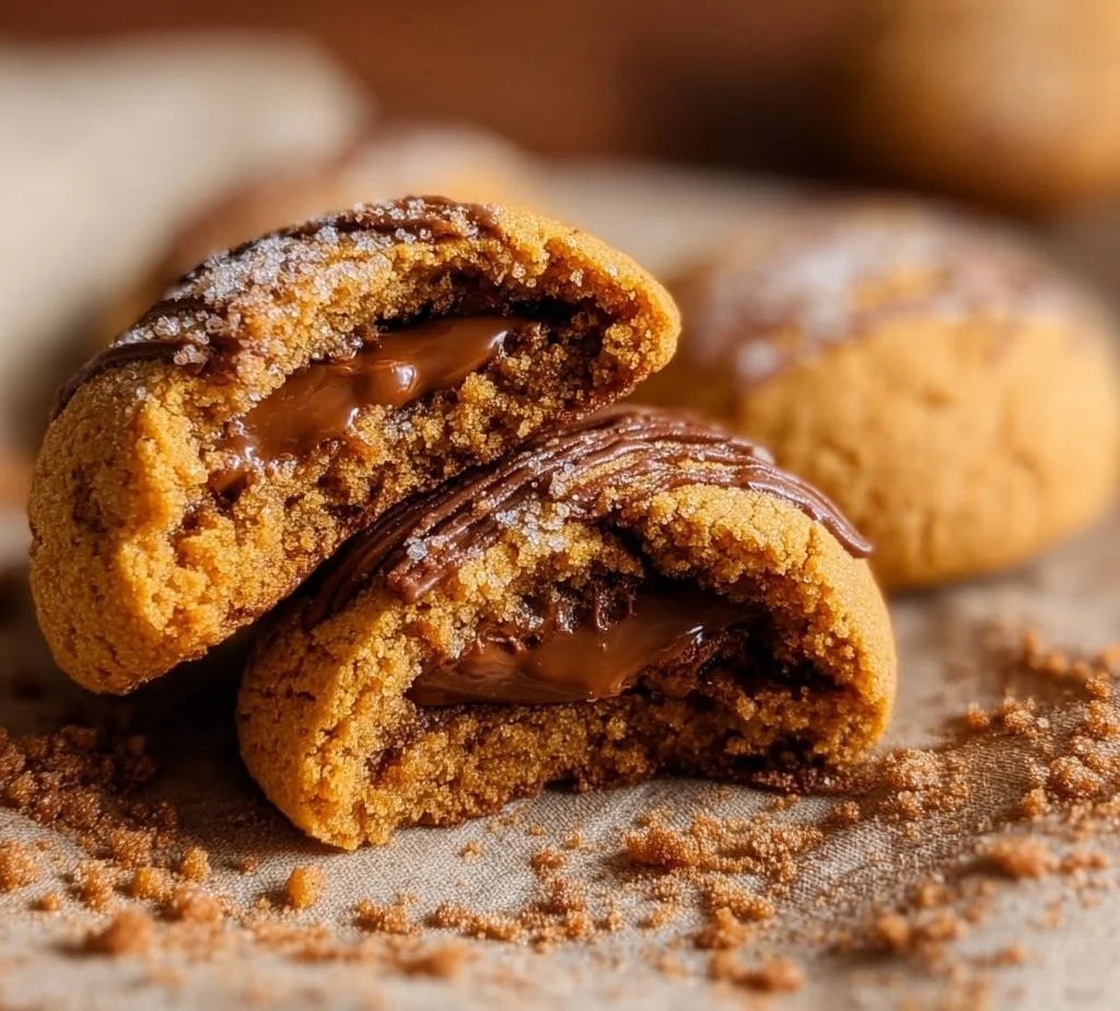 Stuffed Biscoff Butter Lava Cookies with gooey filling and Biscoff flavor