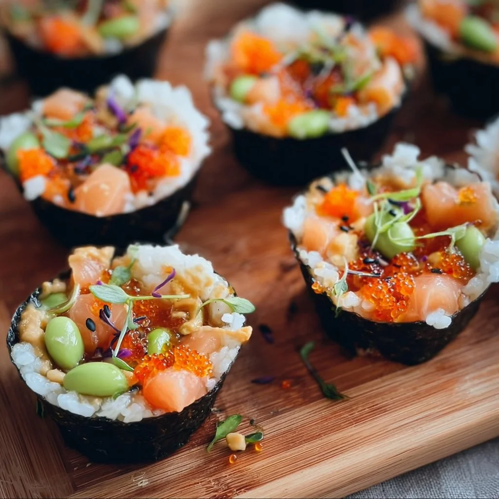 Delicious and colorful sushi cups served with fresh ingredients