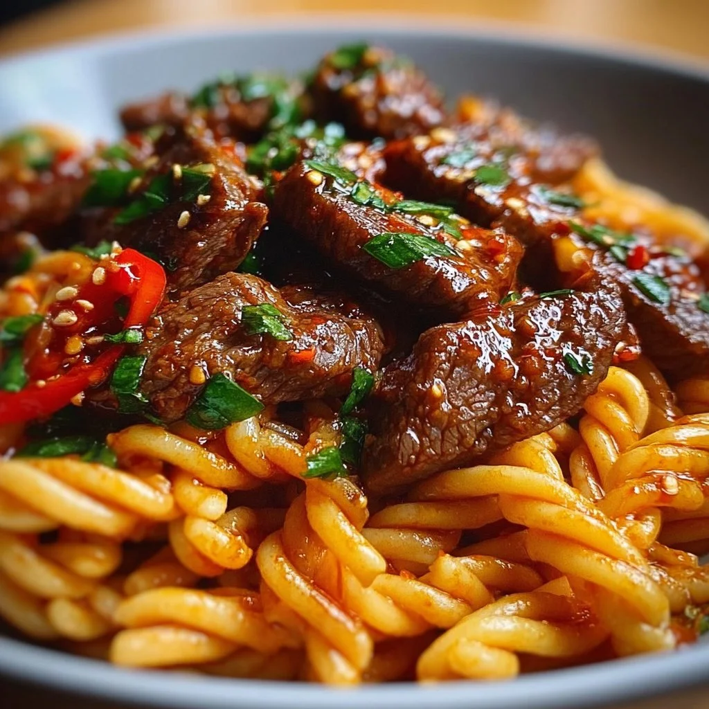 Delicious Sweet and Spicy Garlic Steak Pasta dish with vibrant ingredients.