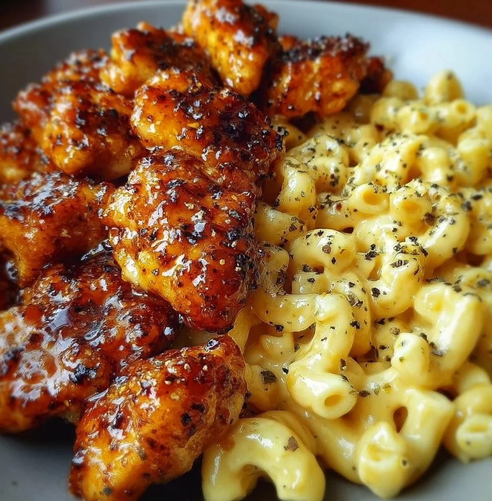 Sweet and spicy honey pepper chicken served with creamy mac and cheese.
