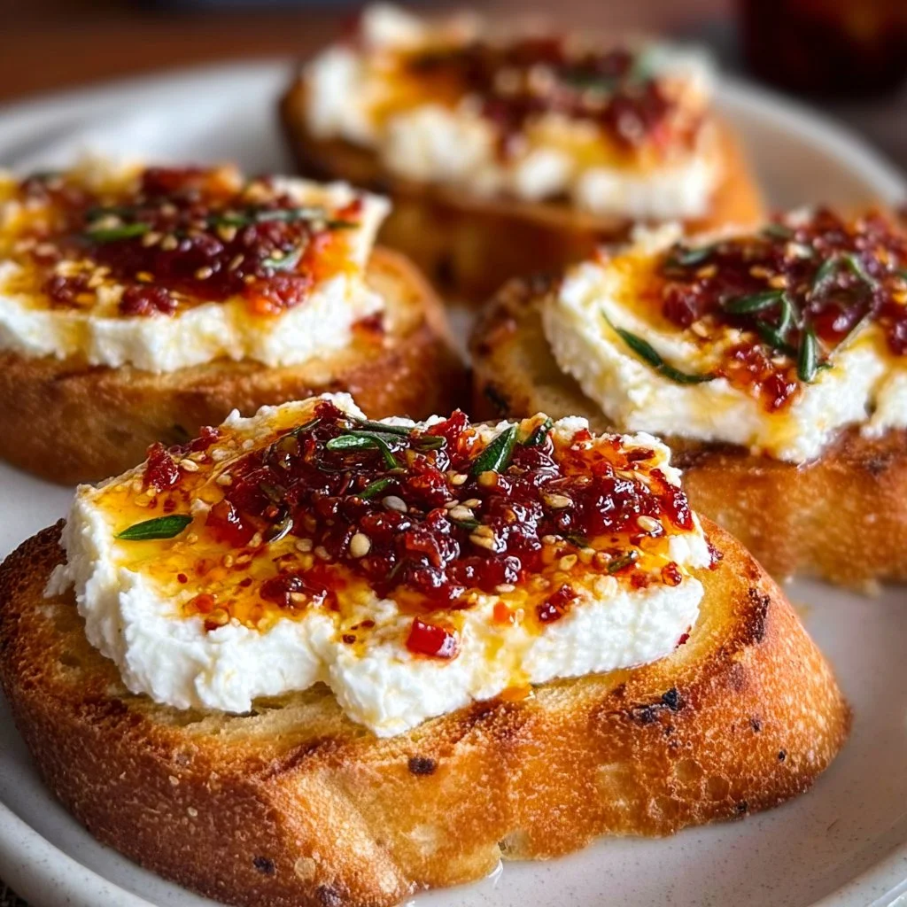 Sweet and Spicy Whipped Feta Crostini served on a wooden board with toppings