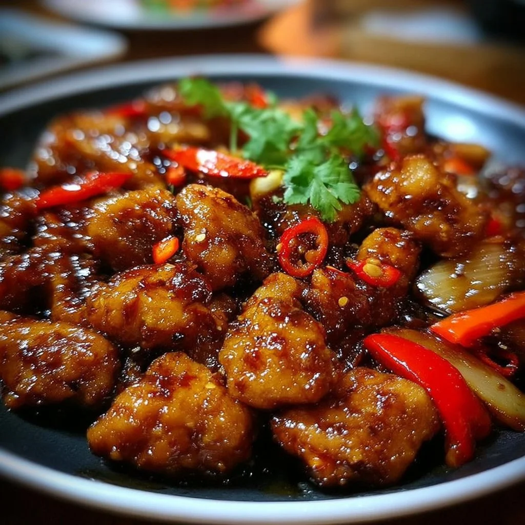 Plate of Sweet Chili Chicken garnished with green onions and sesame seeds