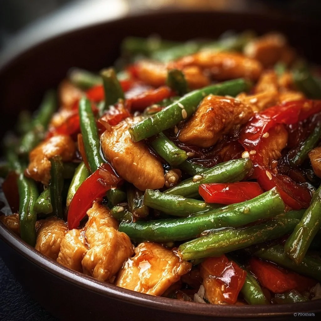 Sweet Chili Chicken and Green Bean Stir Fry served in a bowl with chopsticks