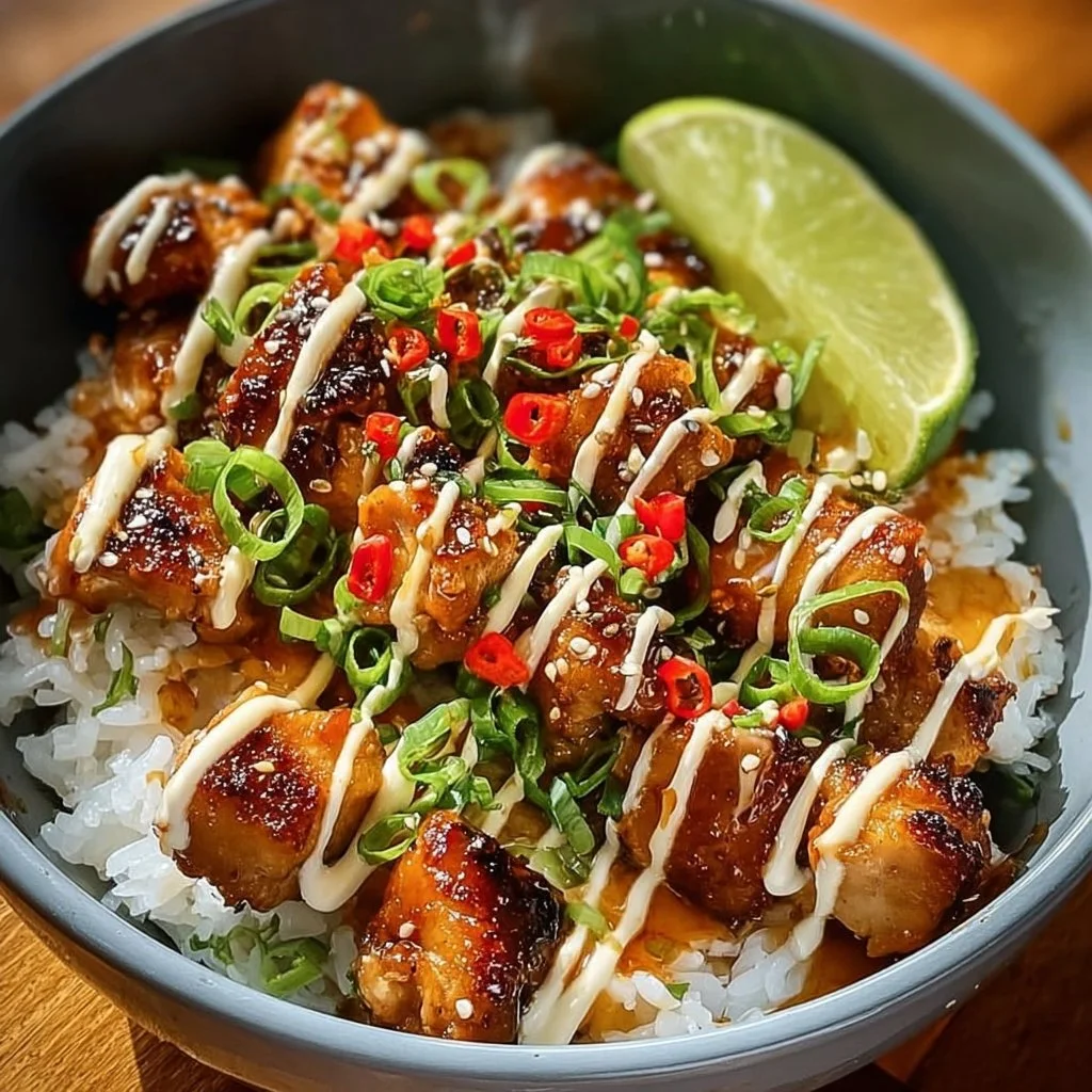 Delicious Sweet Chili Chicken Bowl topped with Coconut Lime Drizzle