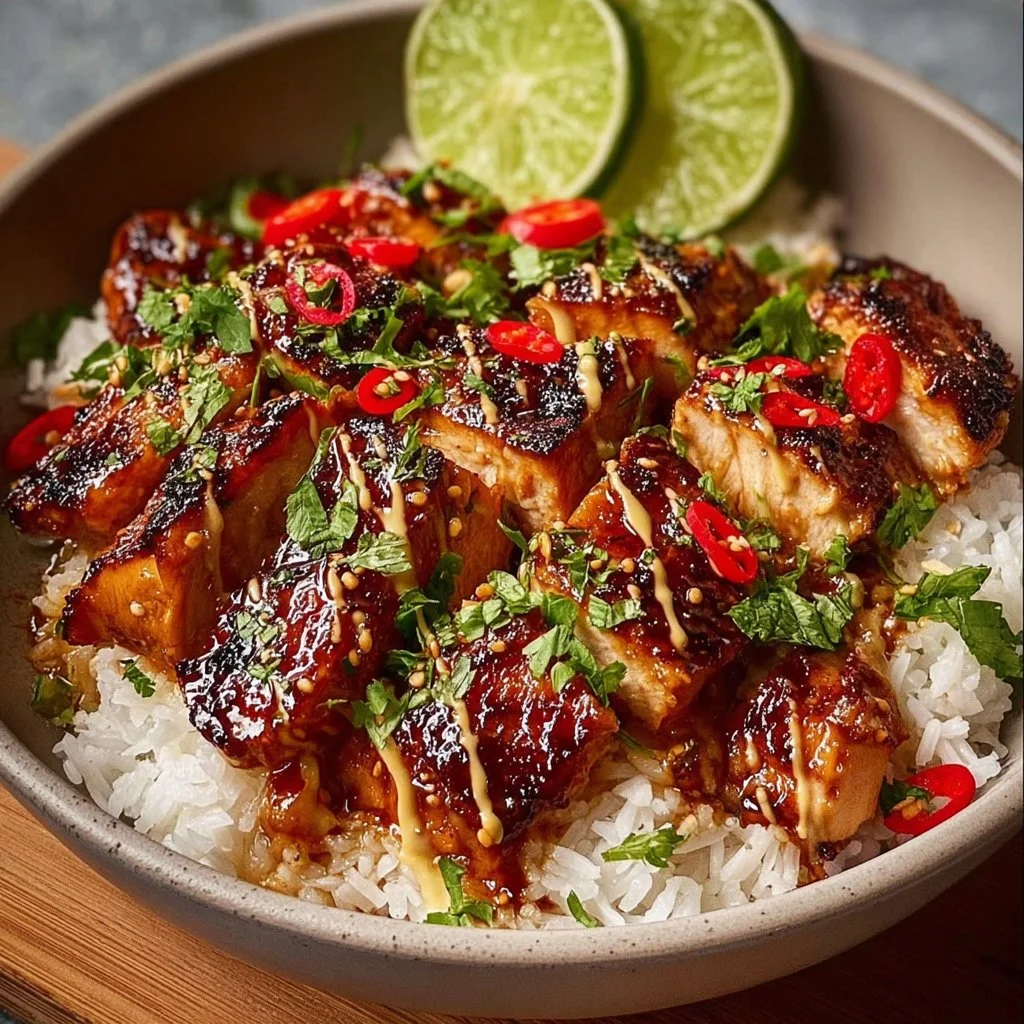 Delicious Sweet Chili Chicken Bowl with Coconut Lime Drizzle served in a bowl