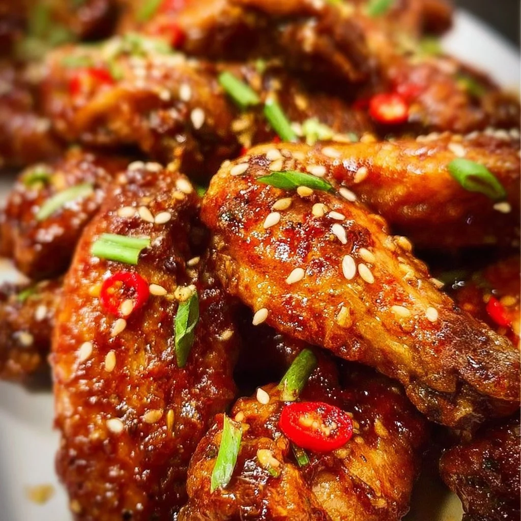 Plate of sweet chili chicken wings with a spicy glaze and garnishes.