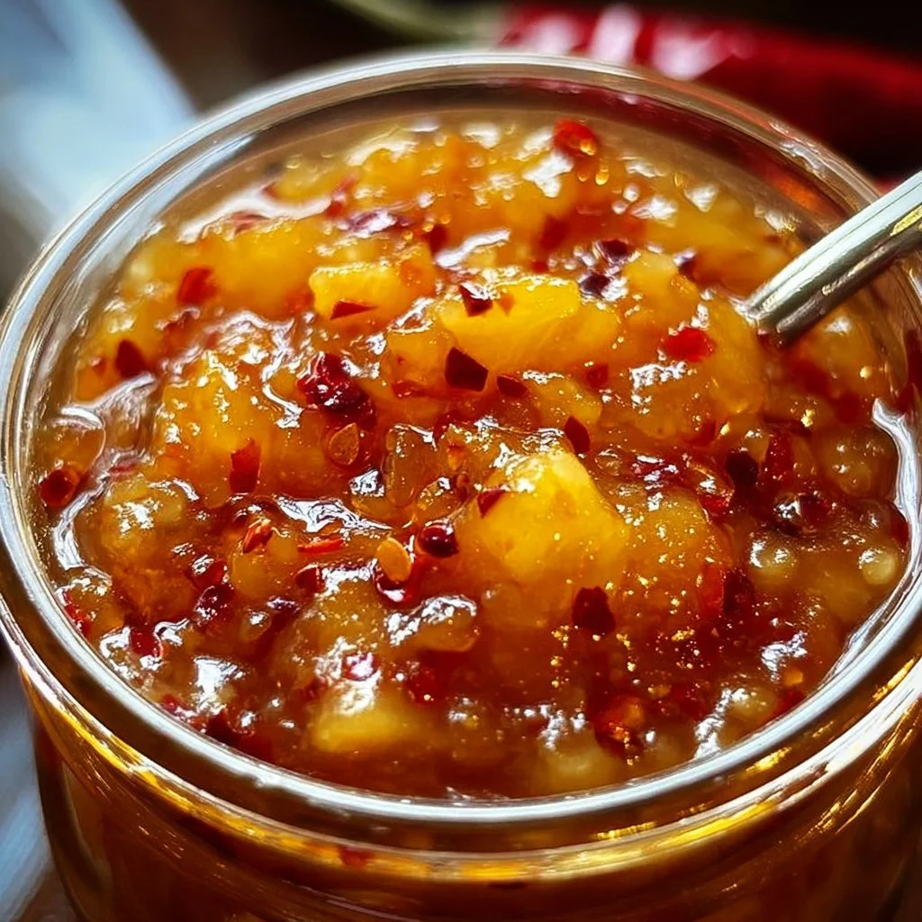 Sweet Chili Pineapple Sauce in a glass jar with a spoon