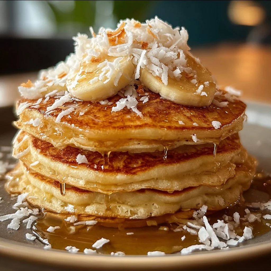 Delicious sweet coconut cream pancakes topped with fresh fruit and syrup