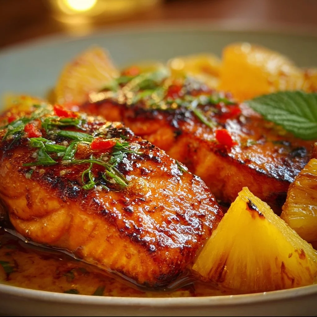 Sweet Pineapple Honey Salmon dish garnished with herbs and pineapple.