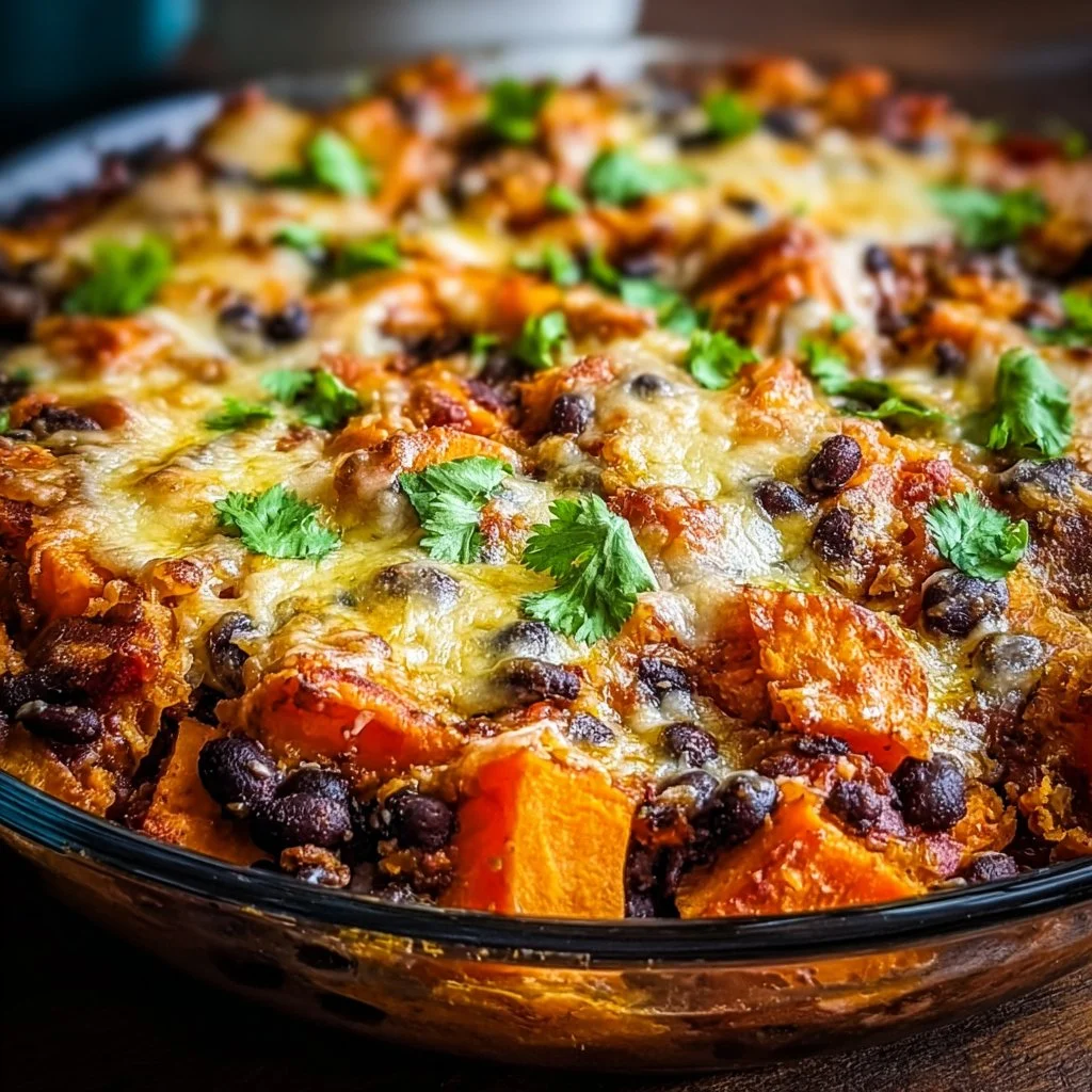 Delicious sweet potato casserole with layers of black beans and wholesome ingredients