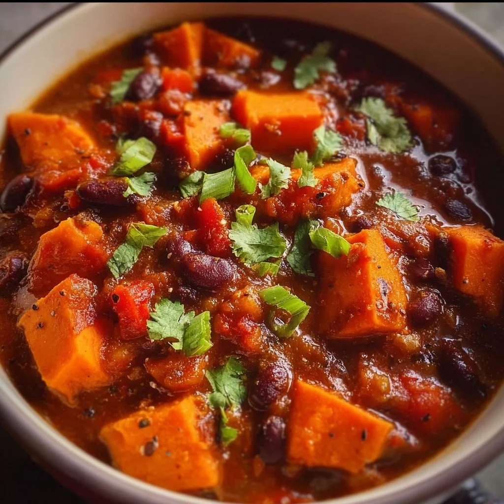 Bowl of sweet potato chili garnished with fresh herbs and spices