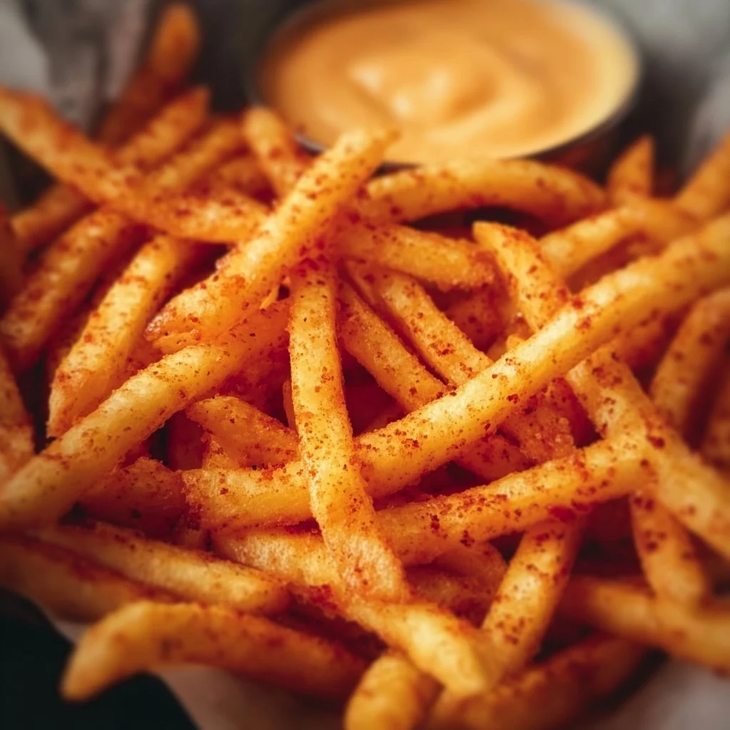 Taco Bell Nacho Fries with cheese dip on a colorful background