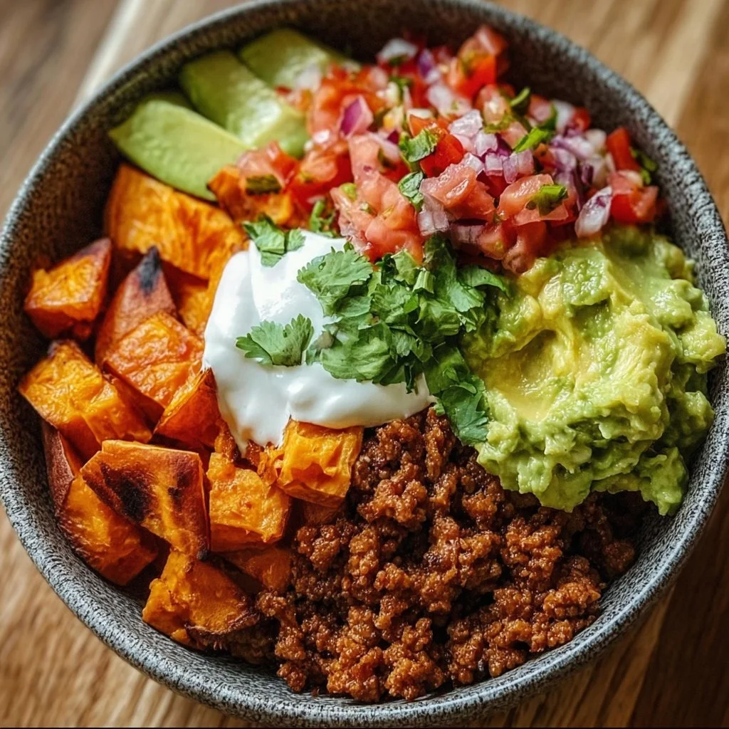 Taco Flavored Sweet Potato Bowl topped with fresh vegetables and spices.