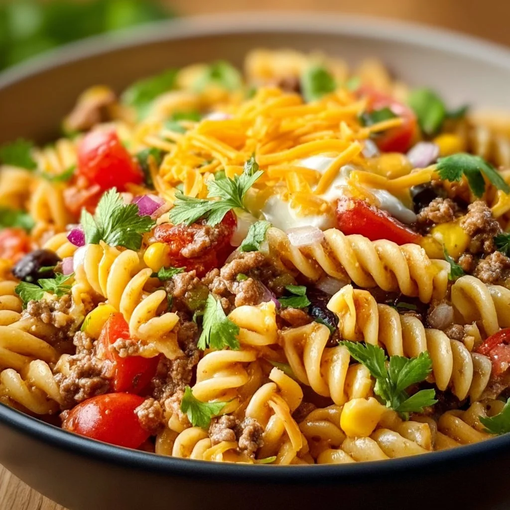 Delicious Taco Pasta Salad with colorful ingredients and garnishes