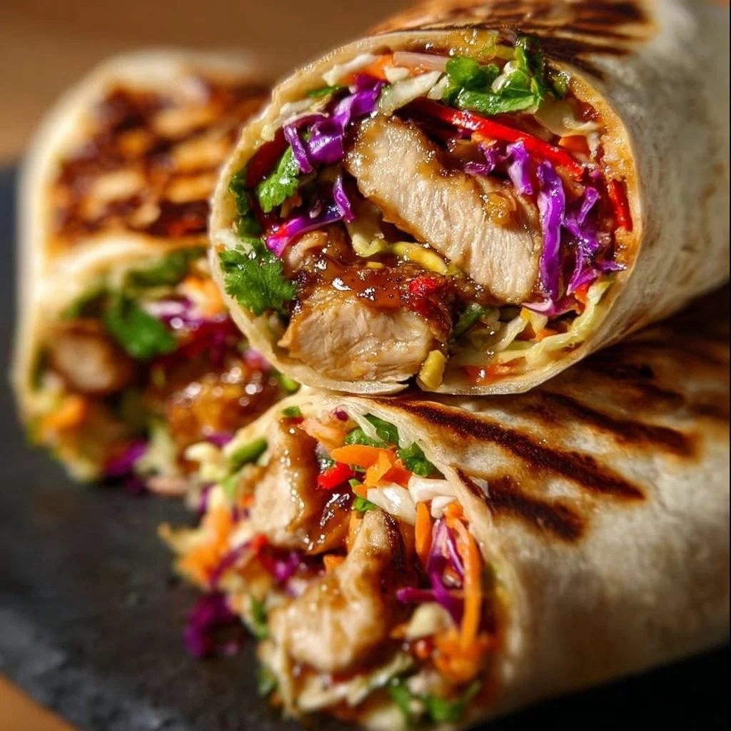 Delicious Thai Chicken Wrap with crunchy Asian slaw and fresh ingredients.